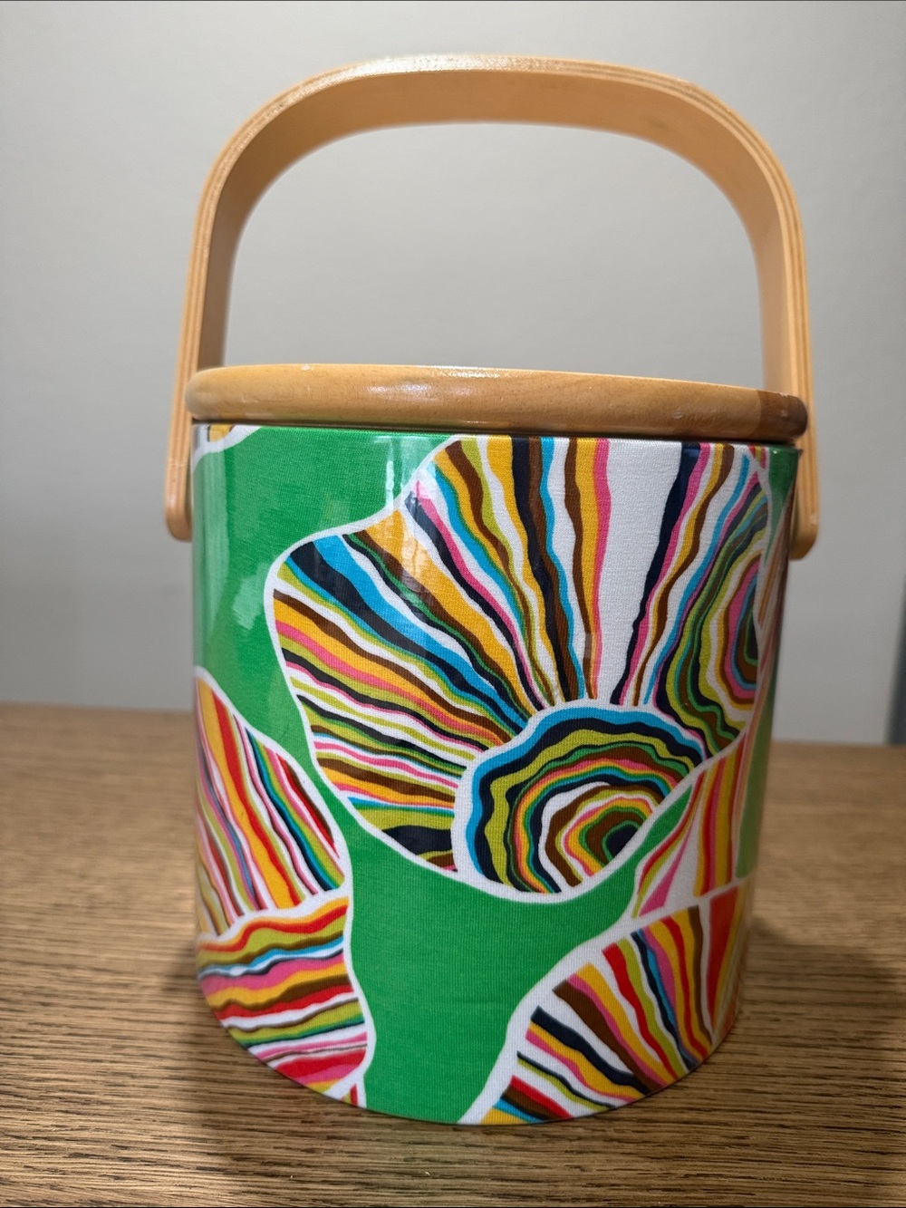 Trina Turk Green Multicolor Patterned Ice Bucket with Tan Wood Handle and Cover
